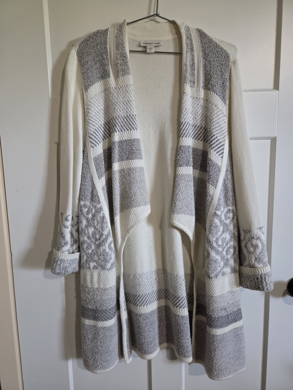 Coldwater Creek Cream and Gray Draped Open-Front Cardigan